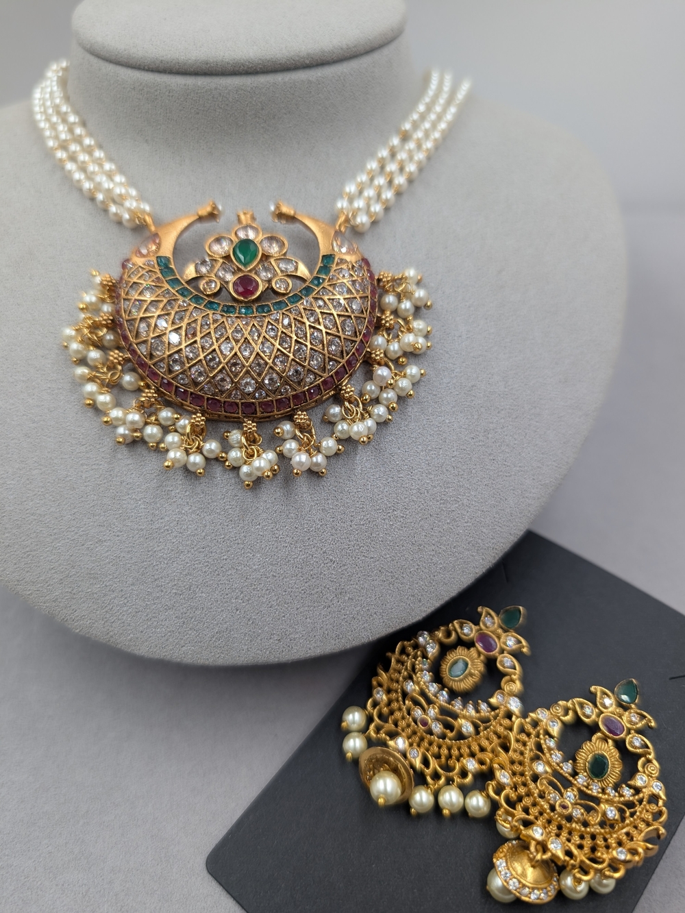 Indian Peacock Kundan Style Pearl Necklace Earrings Set Bridal | 0017 - Picture 3 of 11